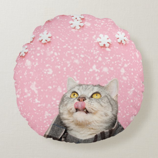 Candy Snowflake Cat Round Kissen (Vorderseite)