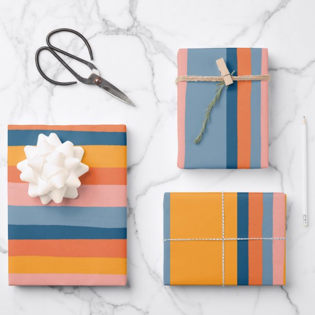 Candy Stripes farbenfroh Orange Pink Blue Geschenkpapier Set (Vorderseite)