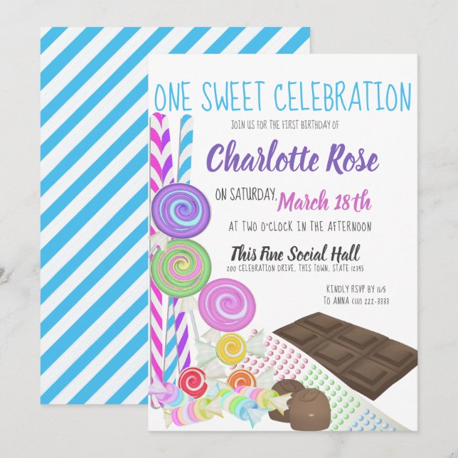 Candy Sweet First Birthday Party Einladung (Vorne/Hinten)