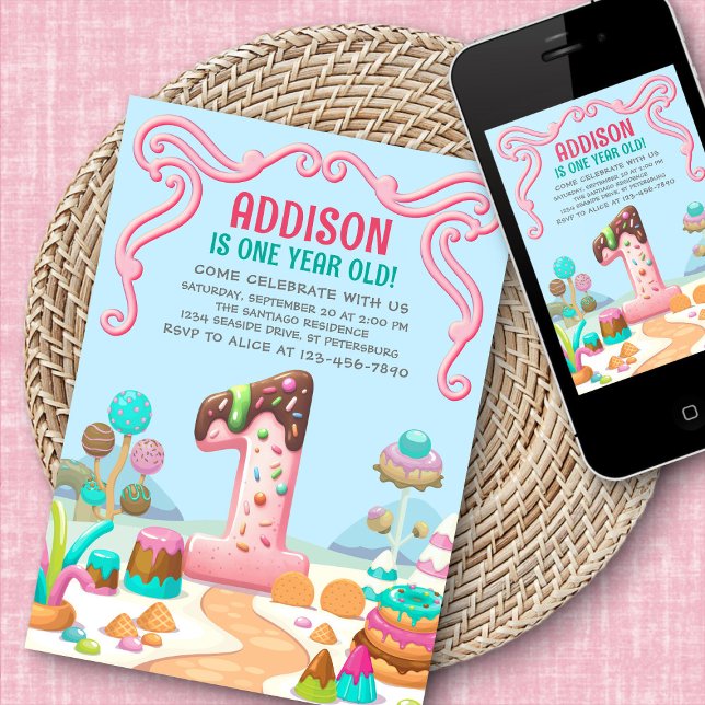 Candy Sweet Girl's Candyland 1. Geburtstag Einladung (Von Creator hochgeladen)