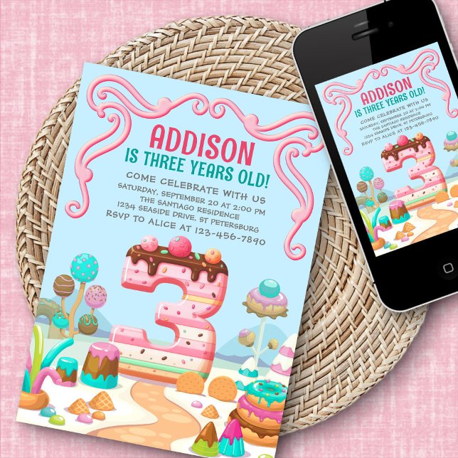 Candy Sweet Girl's Candyland 3. Geburtstag Einladung (Von Creator hochgeladen)
