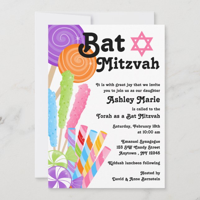 Candy Theme Bat Mitzvah Einladung (Vorderseite)