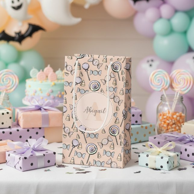 Candy Theme Pastel Orange Kleine Geschenktüte (Cute Gender Neutral Pastel Orange Candy Theme Gift Bag for Baby Girl / Boy. Candy & Lollipop Pattern)