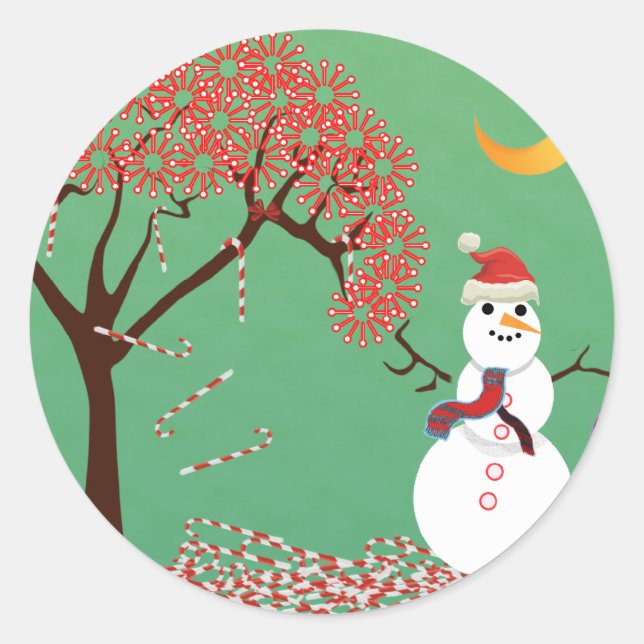 Candycane Tree mit Snowman Runder Aufkleber (Vorderseite)