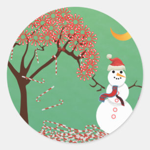 Candycane Tree mit Snowman Runder Aufkleber
