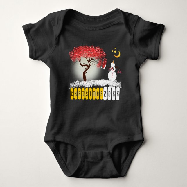 Candycane Tree Snowman mit Blick auf den Mond Baby Strampler (Vorderseite)