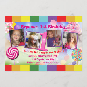 Candyland 1. Geburtstagsfeier 4 Foto-Einladung Einladung