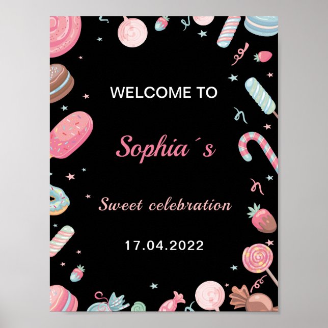 Candyland Birthday Begrüßungszeichen Rosa und Schw Poster (Vorne)