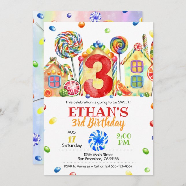 Candyland Candy Einladung für Candy Theme - 3. (Vorne/Hinten)