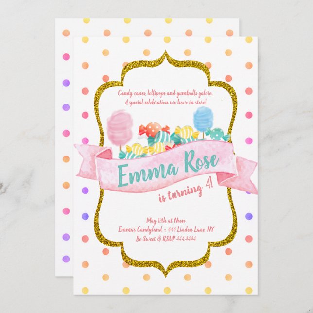 Candyland Gold Polka dot Geburtstagsparty Einladung (Vorne/Hinten)