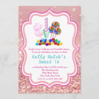 Candyland Rose Gold Glitzer Sweet 16 Einladung