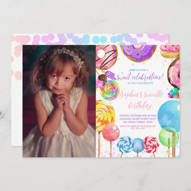Candyland Sweet Celebration Girl Niedliches Bild Einladung (Vorne/Hinten)