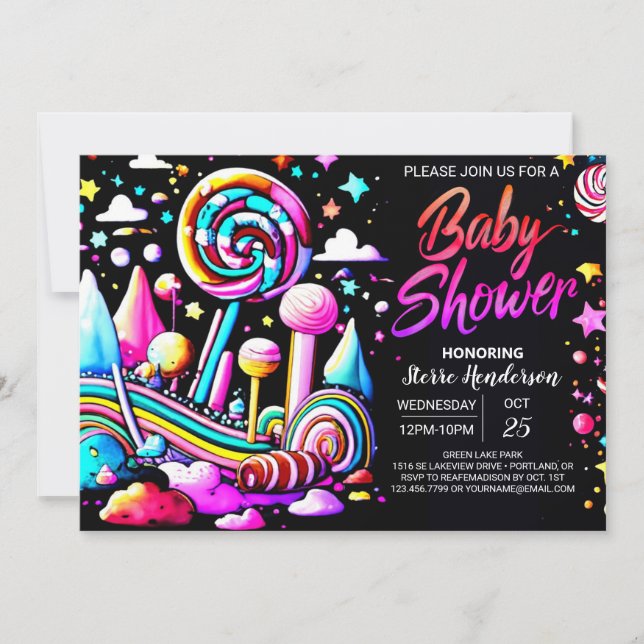 Candyland Whimsy Editable Baby Dusche Einladung (Vorderseite)