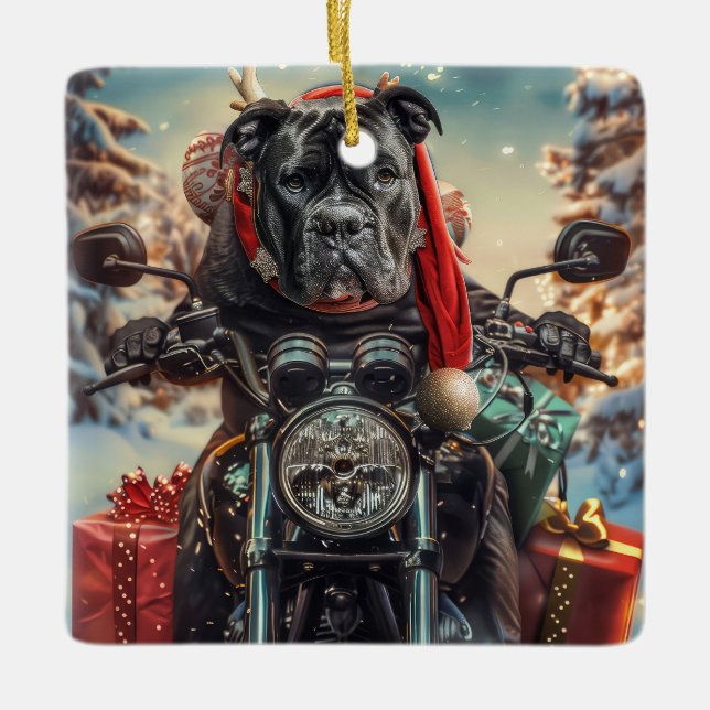 Cane Corso Dog Riding Motorrad Weihnachten Keramikornament (Vorderseite)