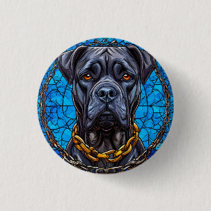 Cane Corso Hund mit Ketten in blauem Bleiglas Button