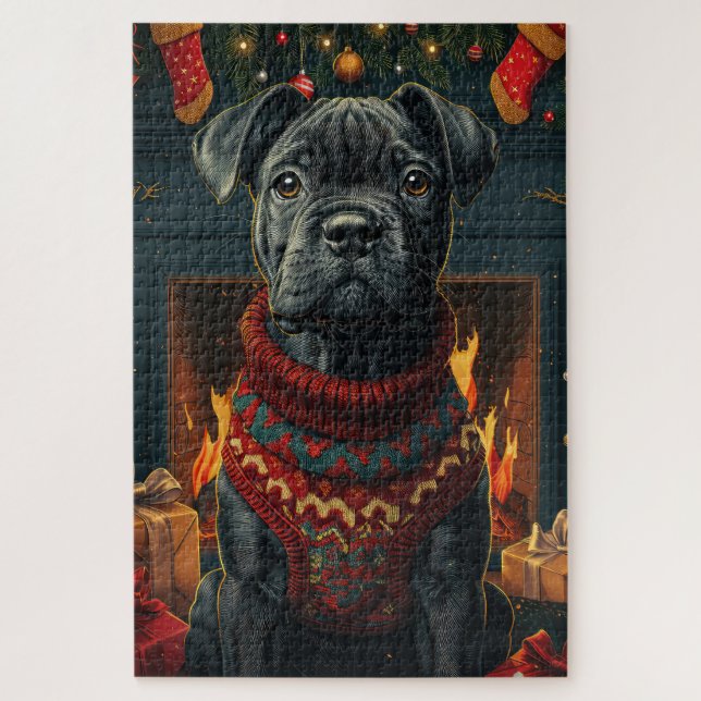 Cane Corso Hund mit Weihnachtsgeschenken Feuerplat Puzzle (Vertikal)