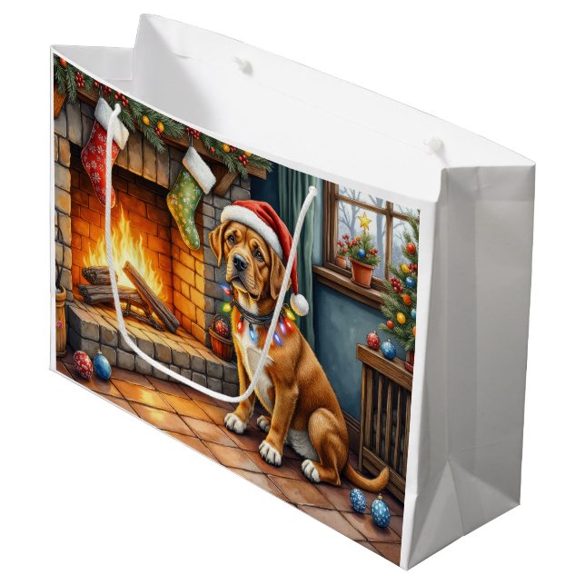Cane Corso Kamin mit Weihnachtslichtern Große Geschenktüte (Vorderseite Schrägansicht)