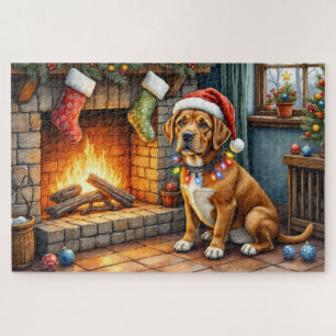 Cane Corso Kamin mit Weihnachtslichtern Puzzle
