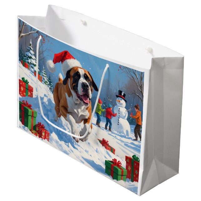 Cane Corso läuft im Schnee mit Weihnachtshut Große Geschenktüte (Vorderseite Schrägansicht)