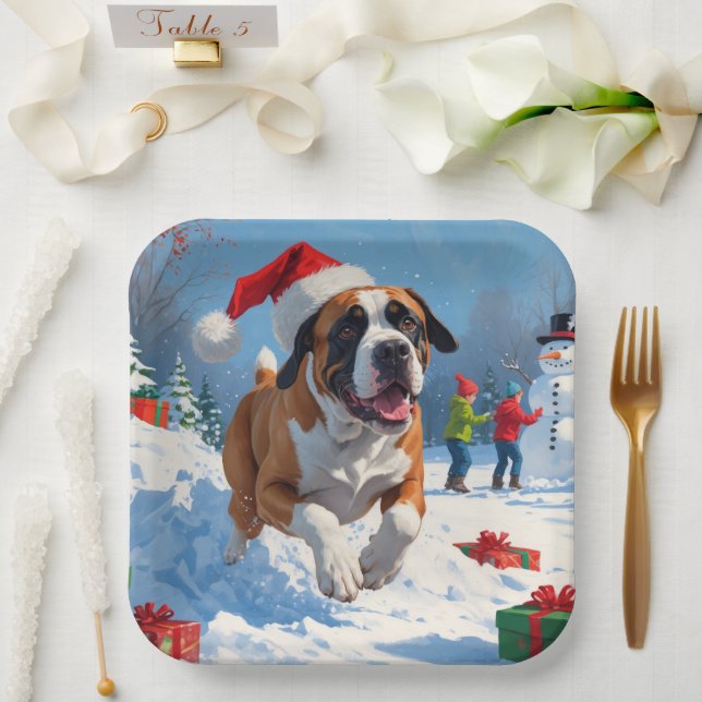 Cane Corso läuft im Schnee mit Weihnachtshut Pappteller (Hochzeit)