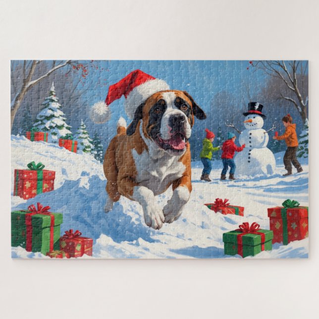Cane Corso läuft im Schnee mit Weihnachtshut Puzzle (Horizontal)
