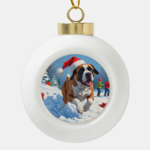 Cane Corso läuft im Schnee mit Weihnachtsmütze Keramik Kugel-Ornament