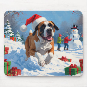 Cane Corso läuft im Schnee mit Weihnachtsmütze Mousepad