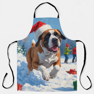 Cane Corso läuft im Schnee mit Weihnachtsmütze Schürze