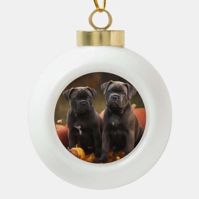 Cane Corso Welpe Autumn Delight Pumpkin Keramik Kugel-Ornament (Vorderseite)