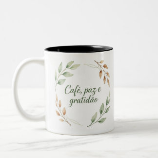 Caneca Café, Paz e Gratidão – Coroa de Folhas Aqua Zweifarbige Tasse