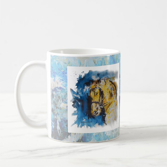 Caneca pintura "Cavalo" com fundo em manchas azuis Kaffeetasse (Links)