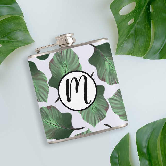 Canna Tropicanna Green Tropical Blätter & Monogram Flachmann (Tropical Leaves Pattern Flask with Custom Monogram)