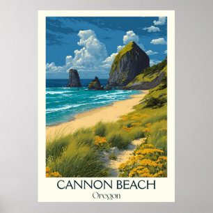 Cannon Beach Oregon Vintag Haystack Rock Art Poster