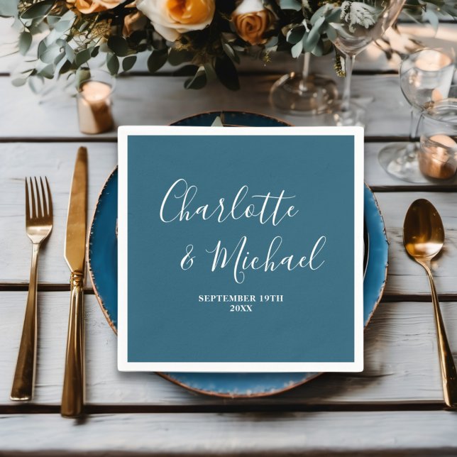 Canoe Blue Script Minimalistisch Wedding Serviette (Von Creator hochgeladen)