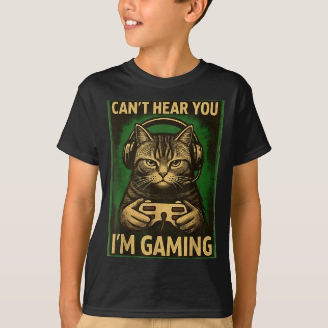 Can't Hear You I'm Gaming Funny Gamer Cat Playing  T-Shirt (Vorderseite)