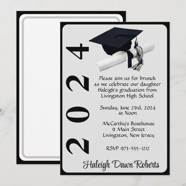 Cap & Diploma 12x18 Black & Silver Abschluss Einladung (Vorne/Hinten)