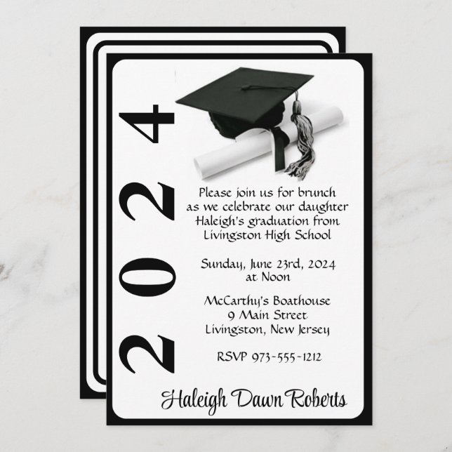 Cap & Diploma 12x18 Black & White Abschluss Einladung (Vorne/Hinten)