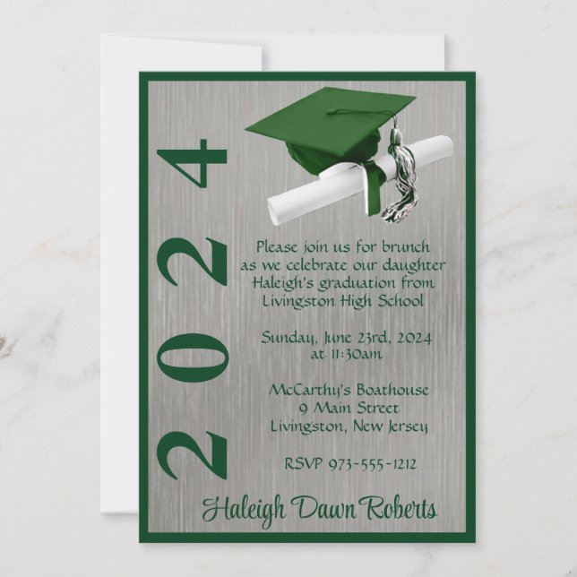 Cap & Diploma 12x18 Green und Silver Abschluss Einladung (Vorderseite)