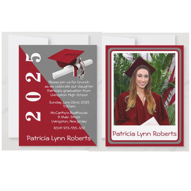 Cap & Diploma Foto, Red & Grau Abschluss Einladung (Grad invitations with room for a photo and party info!)