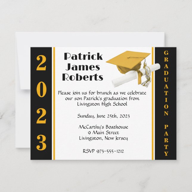 Cap & Diploma, Gold & Black Abschluss Einladung (Vorderseite)