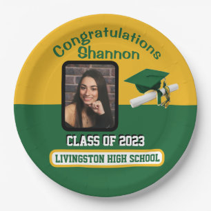 Cap & Diploma, Green & Gold Abschluss Pappteller