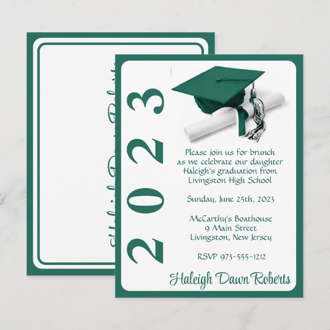 Cap & Diploma, Hunter Green & White Abschluss Einladung (Vorne/Hinten)
