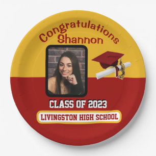 Cap & Diploma, Red, Gold & White Abschluss Pappteller