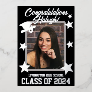 Cap, Diploma & Stars, Black & Silver Abschluss Folieneinladung
