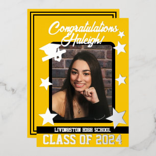 Cap, Diploma, & Stars, Gold & Black Abschluss Folieneinladung