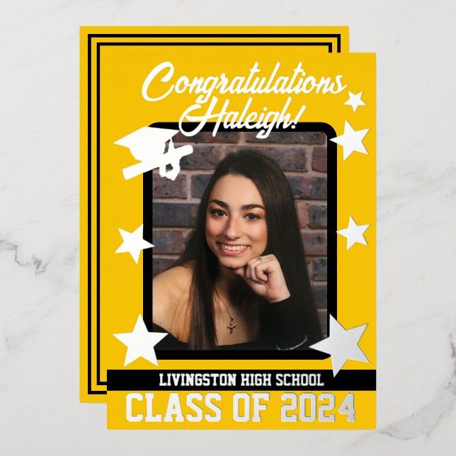 Cap, Diploma, & Stars, Gold & Black Abschluss Folieneinladung (Vorderseite/Rückseite)