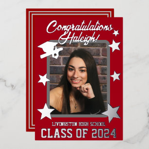 Cap Diploma & Stars Red & Silver Abschluss Folieneinladung