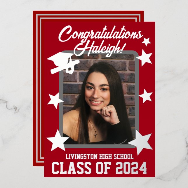Cap Diploma & Stars Red & Silver Abschluss Folieneinladung (Vorderseite/Rückseite)