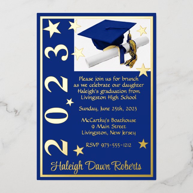 Cap, Diploma & Stars, Royal Blue & Gold Abschluss Folieneinladung (Vorderseite)