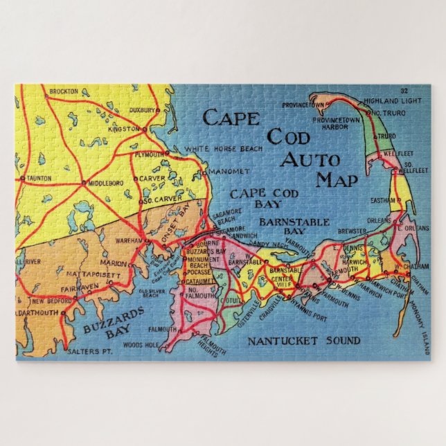 Cape Cod Auto Karte 20x30 Jigsaw Puzzle (Horizontal)